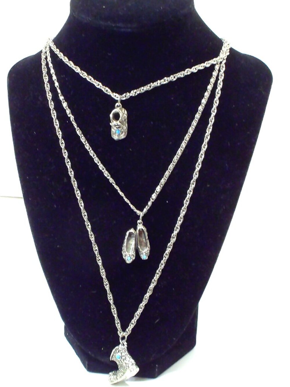 Goldette Vintage Signed Three Strand Necklace w/ Faux Turquoise Charms in Shoes